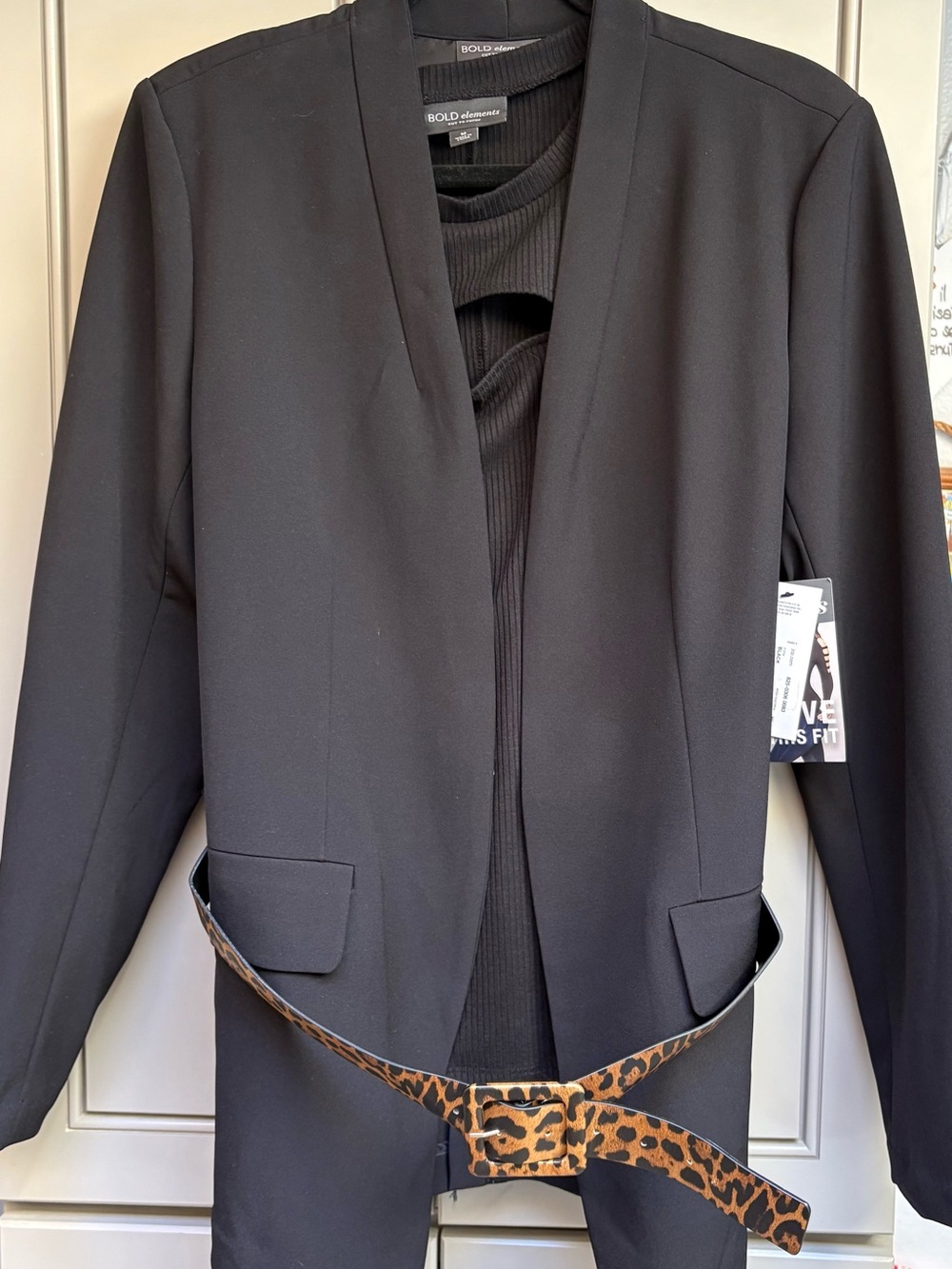 BOLD elements Black Open Blazer with Leopard-Print Belt and a black shirt